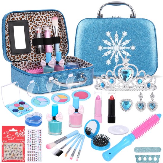 Kinder Make-up Set 32-delig - Grote Opbergkoffer met Kroon - Wateroplosbare & Wasbare Schmink voor Meisjes 4-12 Jaar - Veilig Verkleedspel - Prinsessen Make-up Kist voor Verjaardag & Kerstcadeau
