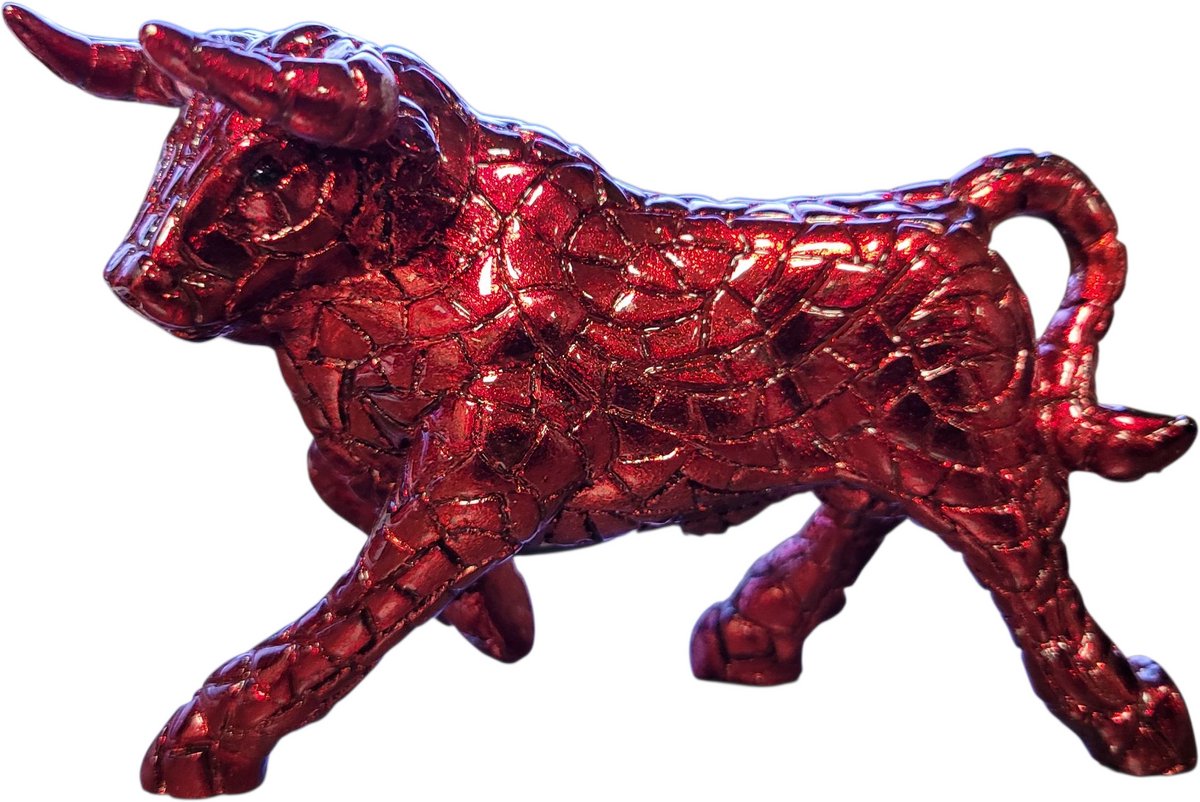 Barcino red bull stier - rood gloss decoratie beeld- 12x5x8 cm mozaïek
