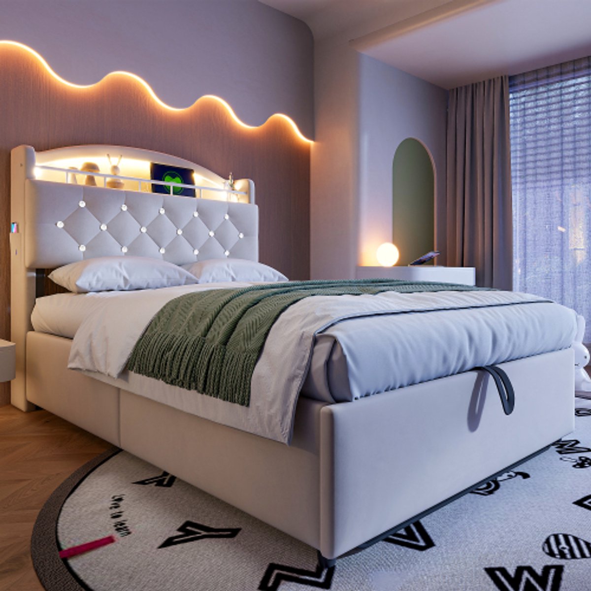 Slaapbank Kinderbed 90x200 cm in Fluweel met LED-verlichting, USB-laadpunt en Opbergruimte – Multifunctioneel Eenpersoonsbed, Beige