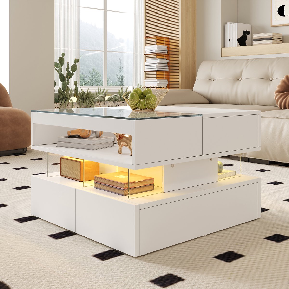 Wishdor Lift-top salontafel wit met glazen blad en acryldragers — 16-kleurige LED, softlift en slim opbergontwerp