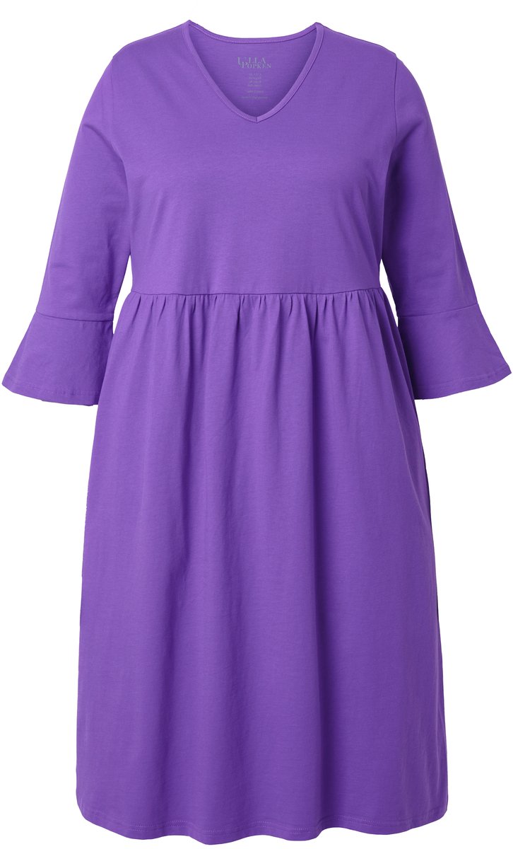 Ulla Popken Dames - Jersey jurk A-lijn V-hals 3/4-volantmouw - Purper - Maat 62+