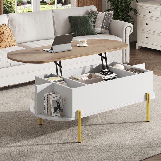 Witte salontafel met houten blad, gouden poten, openklapbaar met opbergvakken.