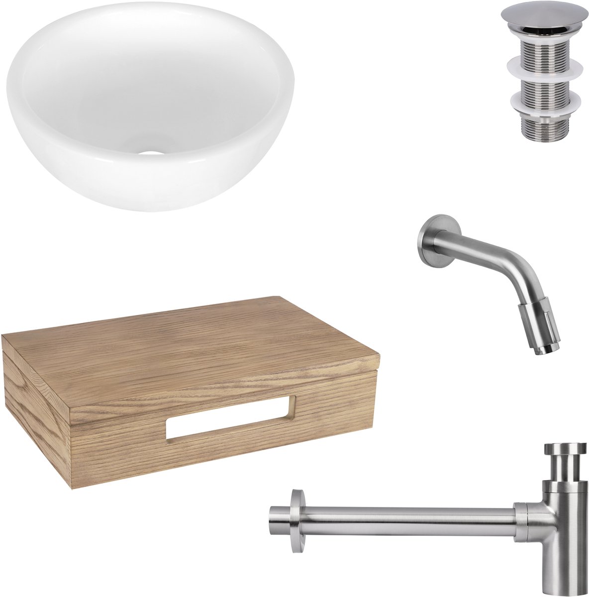 Differnz Ruz fonteinset - waskom keramiek wit - muurkraan 15 cm mat chroom - inclusief wastafelplank licht eiken