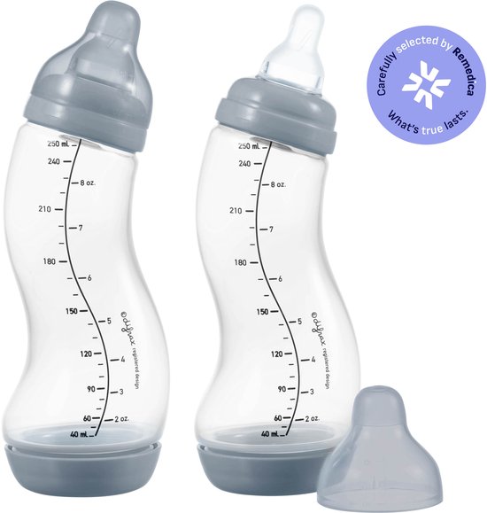 Difrax Natural S-Babyfles - 250 ml - Grijs - Anti Colic - 2 Stuks