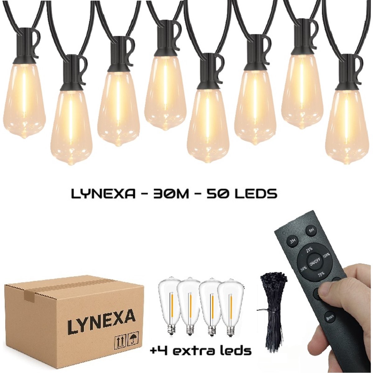 Lynexa ST38 - Lichtsnoer Buiten - 30m - 50 LED Warm Wit 2700K - Kerstverlichting voor Buiten - IP44 Waterdicht - Energiezuinig - Koppelbaar - Dimbaar met Afstandsbediening - Sfeervolle Winter Prikkabel - Tuinverlichting - 4 Extra Lampjes