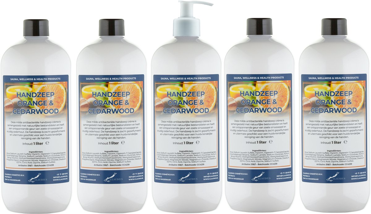 Handzeep Sweet Orange & Cedarwood 1 liter - set van 5 stuks - met gratis pomp - Voordeelverpakking