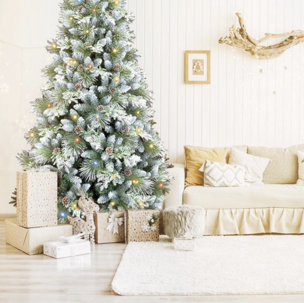 AG Kunstkerstboom met verlichting & kerstversiering - Sneeuw -210 cm - 1150 Takken - Zeer Dicht Takkenstelsel - 1 Taksoort - Eenvoudige Opbouw Zonder Gereedschap - Wit - Kunstkerstboom Net Echt - Volle Kerstboom – foto 5