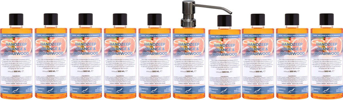 Handzeep Sweet Orange & Cedarwood 500 ml - set van 10 stuks - met gratis RVS zilverkleurige pomp - Voordeelverpakking