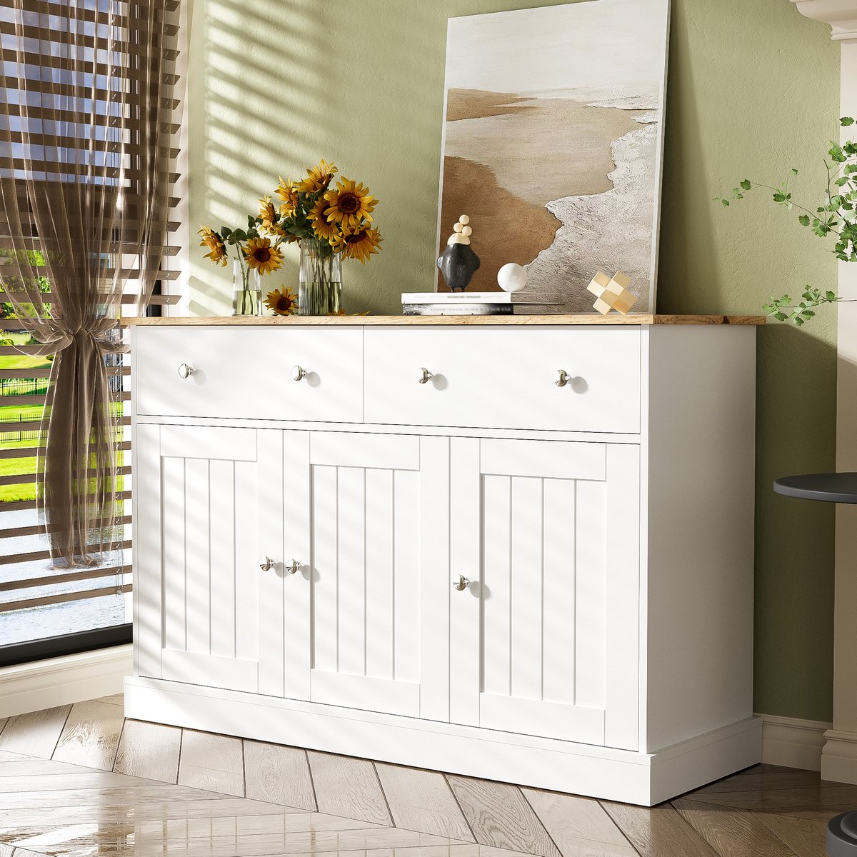 Wishdor Landelijk Dressoir 120x36x80,5 cm - Kast met 3 Paneeldeuren en 2 Lades - Wit / Eikenhout White