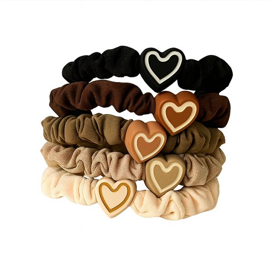 Set de 5 élastiques à cheveux en beige, brun et noir – élastiques scrunchie pour femmes – accessoires capillaires élastiques avec détail de cœur – multicolore