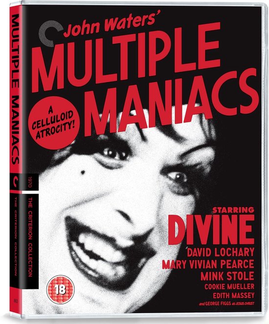 Hoes van de film 'Multiple Maniacs' met close-up van Divine's gezicht. Rood-witte titel en 'A CELLULOID ATROCITY!'