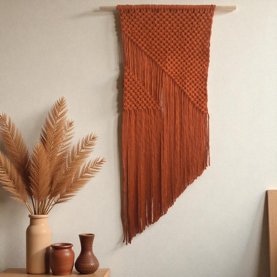 Cafuné Premium Macramé Pakket – DIY Wandkleed Maken – Terracotta - Compleet Knutselpakket – Inclusief Instructievideo – 3mm Macramé Garen – 50cm Houten Stok – Ca. 80cm Lang