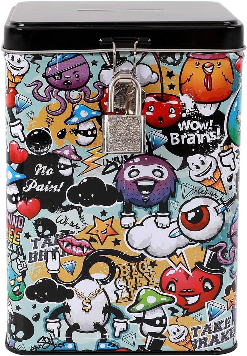 I-TOTAL® - Grappige spaarpot met hangslot en sleutel/portemonnee van metaal met sluiting (graffiti)