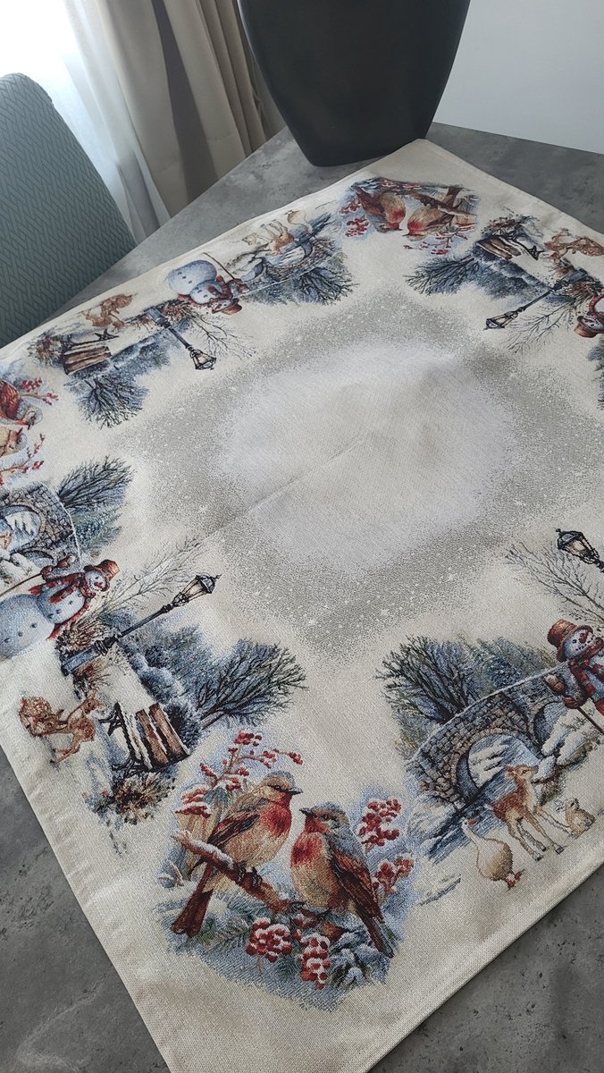 Tafelkleed Gobelinstof Kerst Vogels en Sneew Christmas 100*100cm