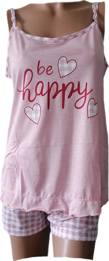 Roze top met 'be happy' opdruk, hartjes en geruite afwerking. Bijpassende geruite short.