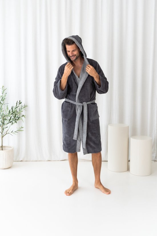 Casilin - Bi-color Badjas Teddy - Met kap voor Dames en Heren - Maat M - Voor Volwassen - Met capuchon - Badstof, Fleece, Katoen - Absorberend - Wasmachinebestendig -Grijs