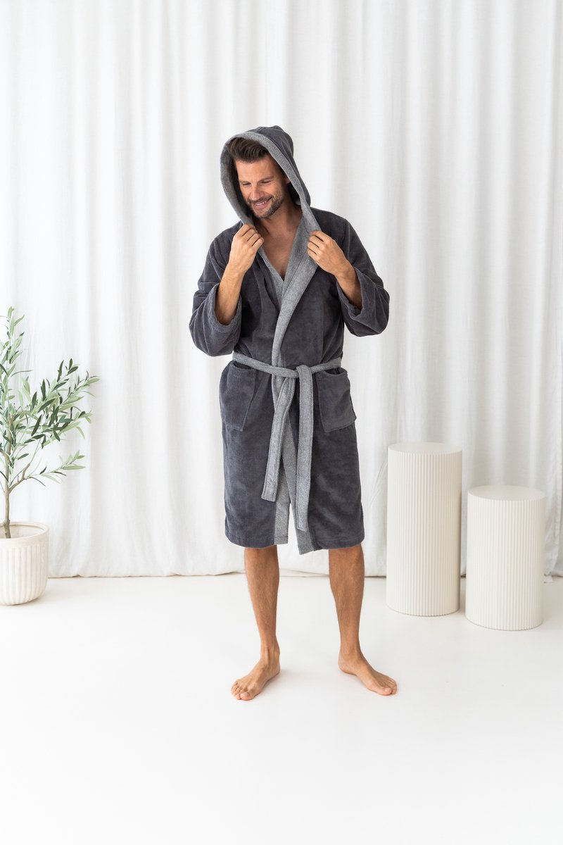 Casilin - Badjas Teddy in 2 kleuren - Met kap voor Dames en Heren - Maat XL - Voor Volwassen - Met capuchon - Badstof, Fleece, Katoen - Absorberend -Grijs