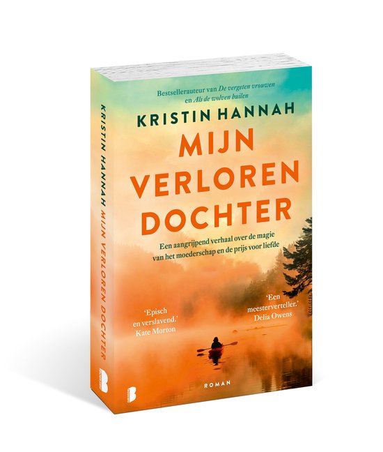 Boekomslag: Oranje en geel gloed over water met kajakker, 'Mijn verloren dochter' in grote letters.