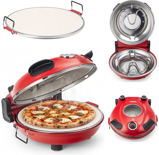 Collage d'un four à pizza rouge avec une pizza, d'un four ouvert et d'une pierre à pizza.