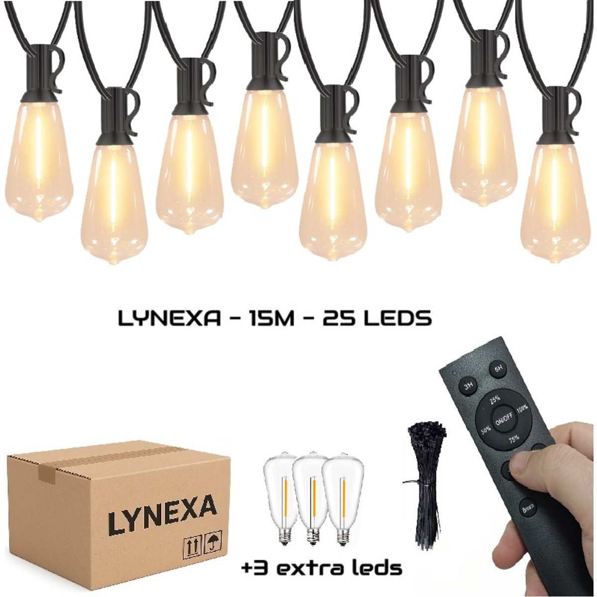 Lynexa ST38 - Lichtsnoer Buiten - 15m - 25 LED Warm Wit 2700K - Kerstverlichting voor Buiten - IP44 Waterdicht - Energiezuinig - Koppelbaar - Dimbaar met Afstandsbediening - Sfeervolle Winter Prikkabel - Tuinverlichting - 3 Extra Lampjes