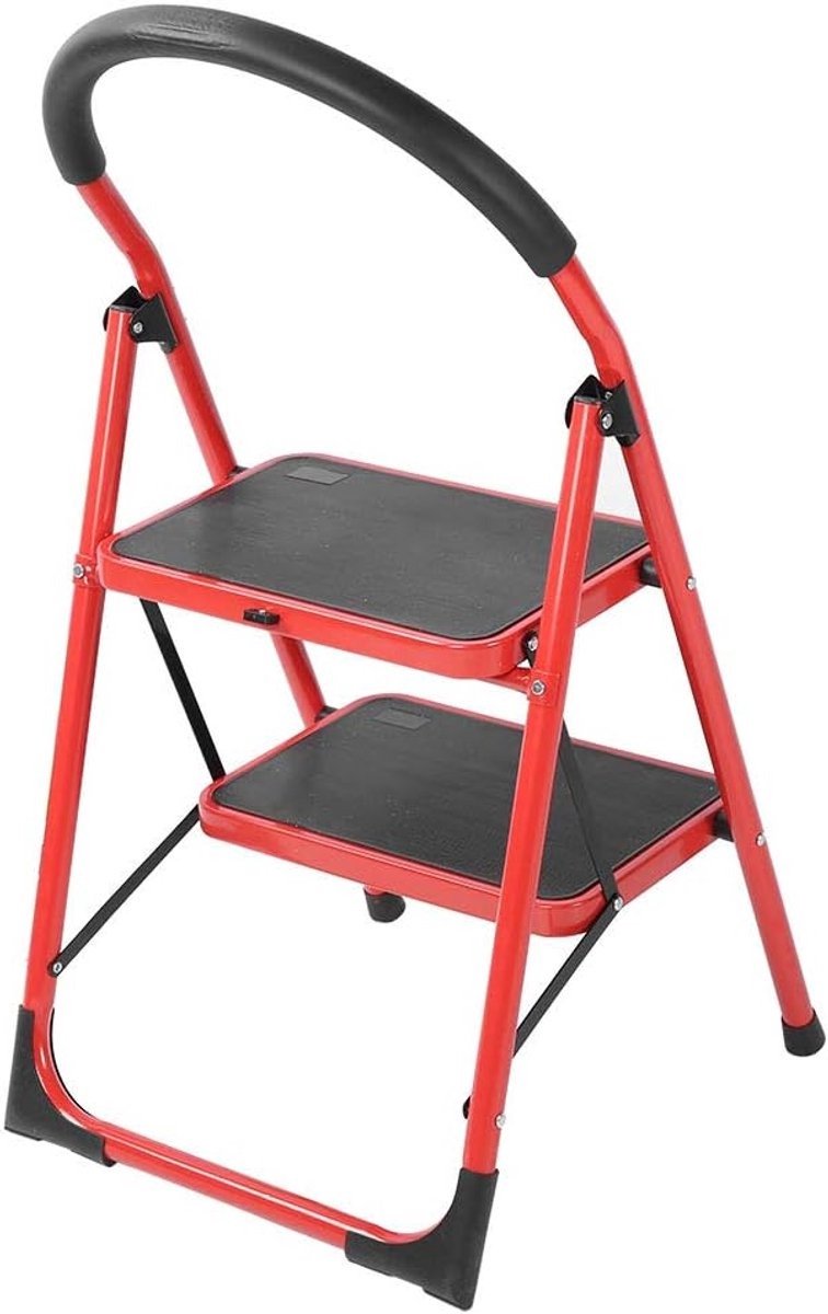 Borvat® Opvouwbare stalen trapladder – Stevige huishoudtrap – Ladder met 2 treden – Antislip ontwerp – Compact opstapje – Stabiel hulptrapje – Veilige trapladder-Rood – foto 4