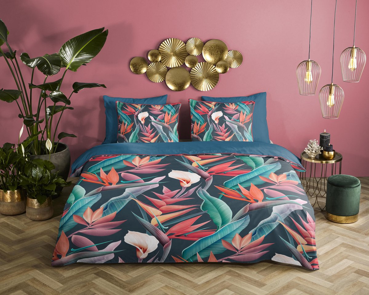 Descanso dekbedovertrek bloemen en bladeren - 2 persoons 200x200/220 cm - Multi - 100% Katoen satijn