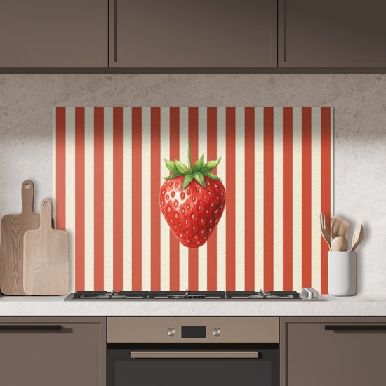 Spatscherm 100x65 cm - Zelfklevende achterwand Aardbei - Strepen - Rood - Keuken muurbeschermer - Spatwand fornuis
