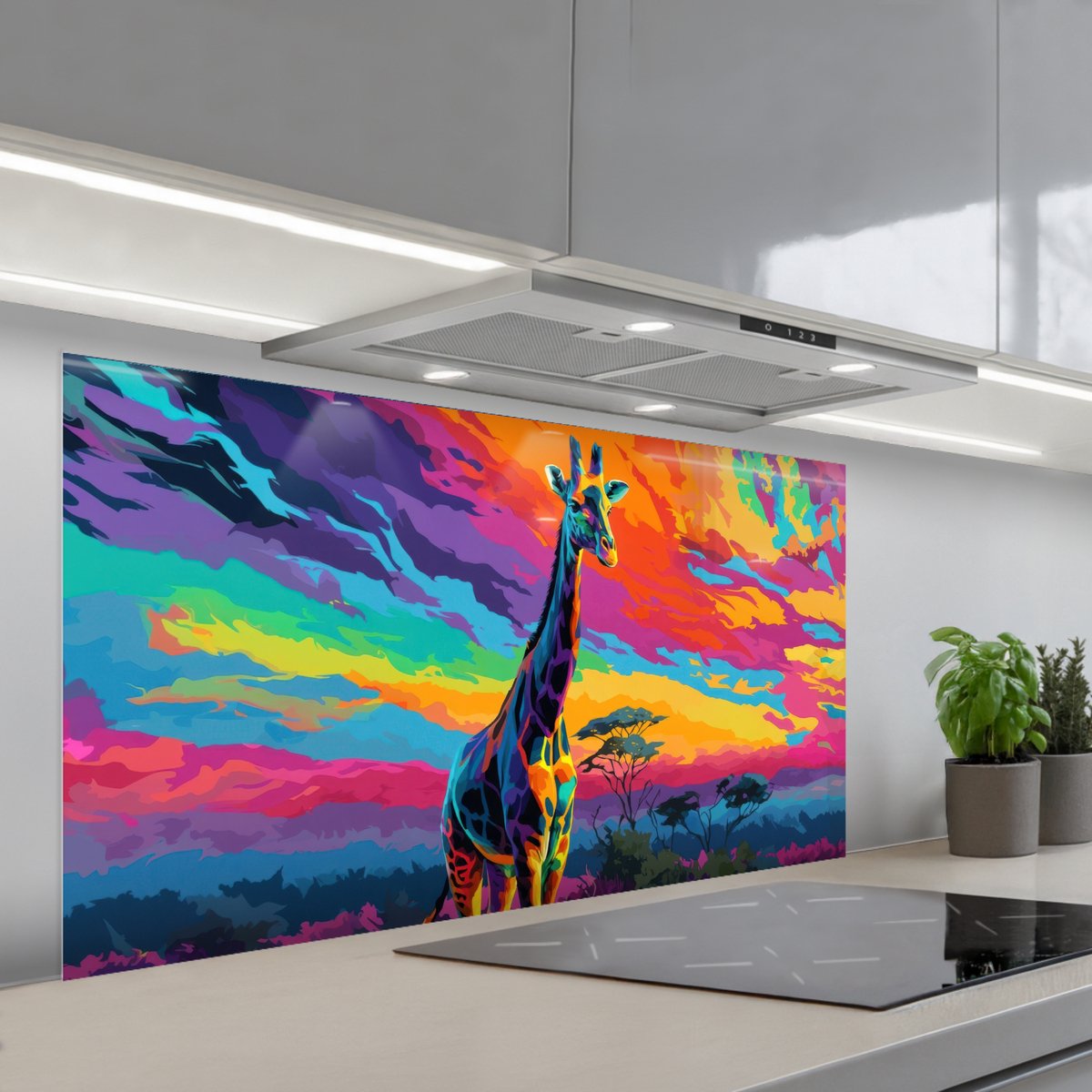 Spatscherm 120x60 cm - Zelfklevende achterwand Giraffe - Savanna - Lucht - Gekleurd - Keuken muurbeschermer - Spatwand fornuis