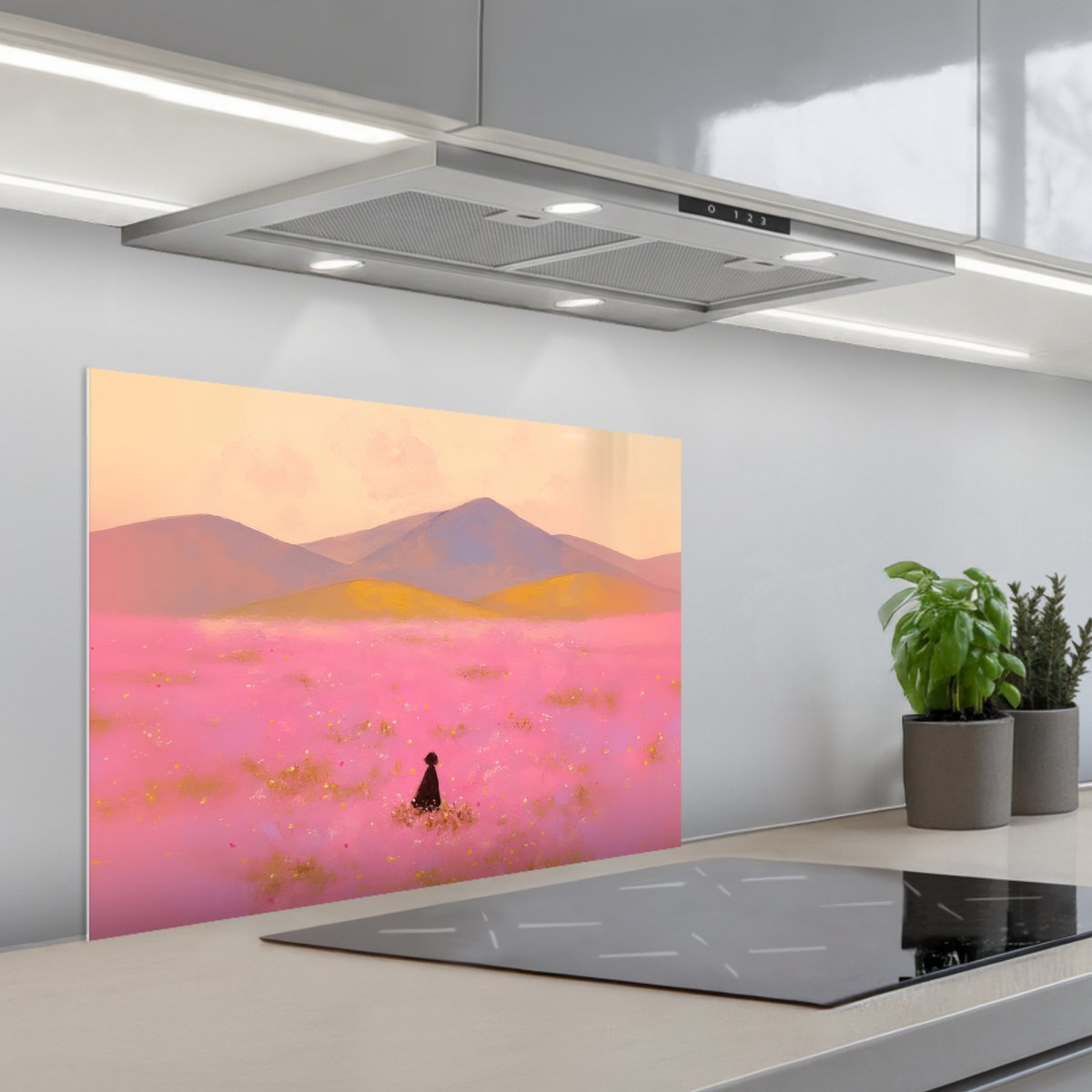 Spatscherm 70x55 cm - Zelfklevende achterwand Bloemenweide - Heuvels - Silhouet - Roze - Keuken muurbeschermer - Spatwand fornuis
