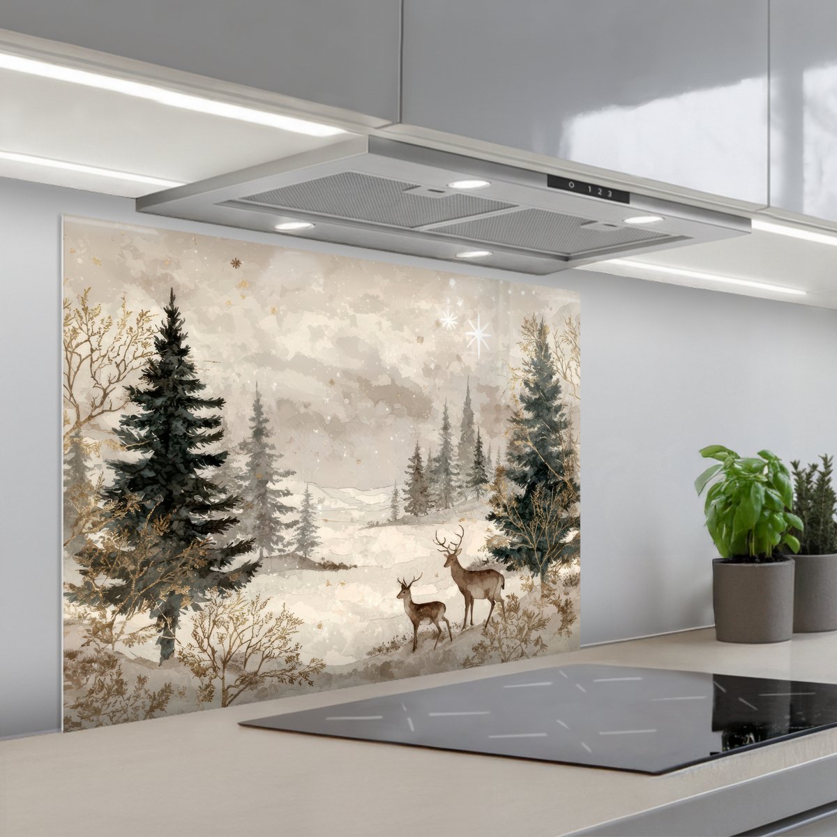 Spatscherm 80x60 cm - Zelfklevende achterwand Bos - Herten - Winter - Sneeuw - Keuken muurbeschermer - Spatwand fornuis