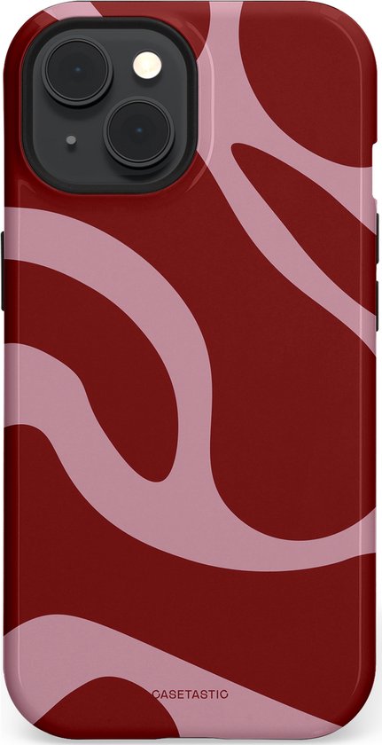 iPhone 15 hoesje met roze en rode wervelende patronen.