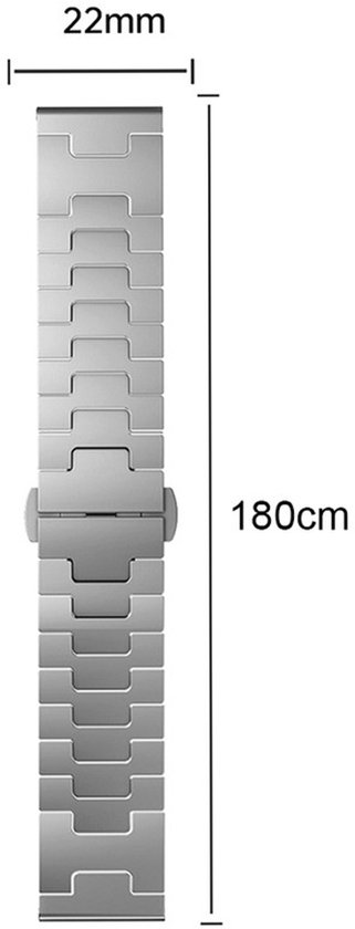 Zilverkleurig roestvrijstalen horlogebandje, 22mm breed en 180cm lang.
