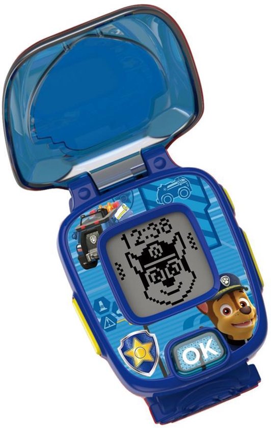 Een blauwe Paw Patrol leerhorloge met opengeklapt scherm, waarop 12:38 en Chase te zien zijn.