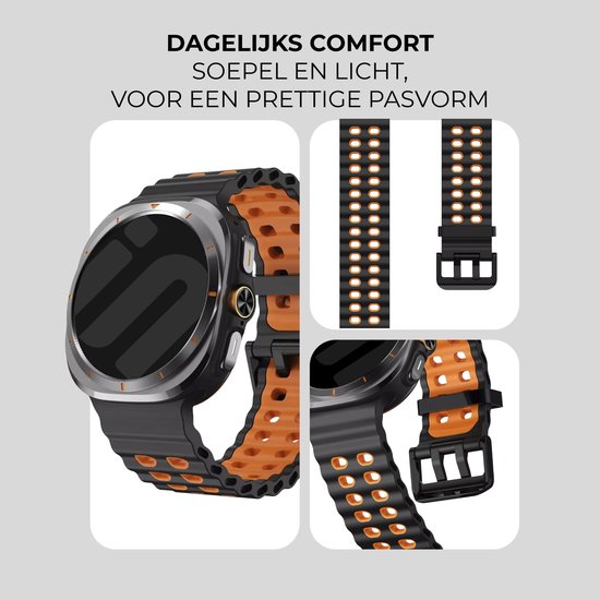 Horloge met zwart en oranje siliconen bandje met ronde perforaties.