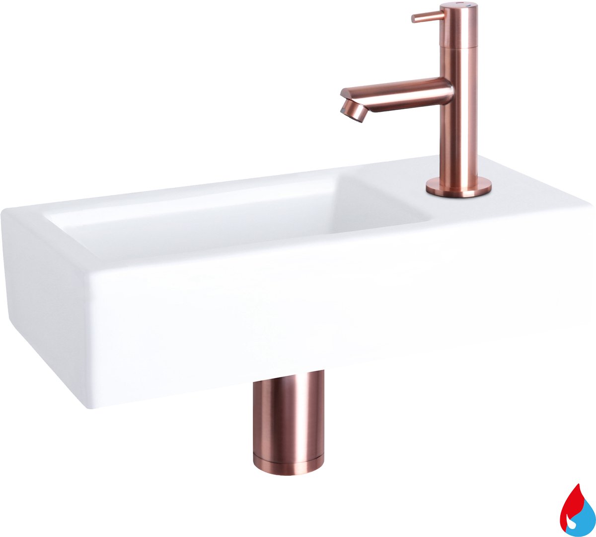 Differnz Helios fonteinset - keramiek wit - warm/koud kraan recht rood koper - kraan rechts - always open afvoerplug - 37.5 x 18.5 x 9 cm