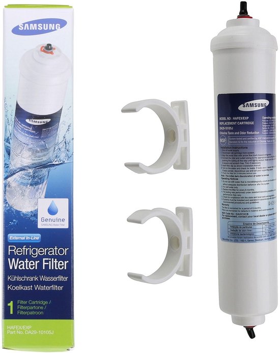 Externe Samsung HAFEX/EXP koelkast waterfilter DA29-00105J, wit met blauwe en gele verpakking. Inclusief 2 bevestigingsclips.