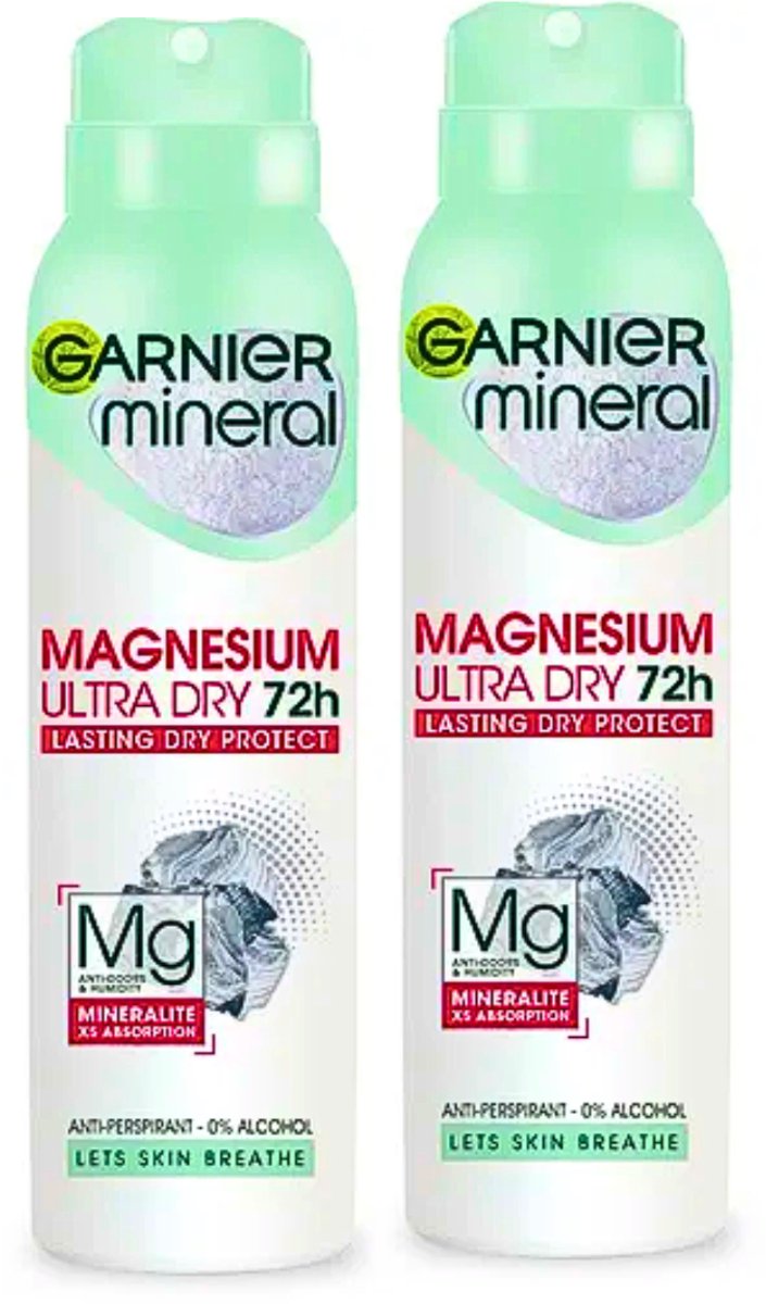 Garnier Mineral Magnesium Ultra Dry Deodorants Body Spray - 72H Bodyspray voor Frisheid en Bescherming - Zonder Ethyl Alcohol - 2 x 150 ml