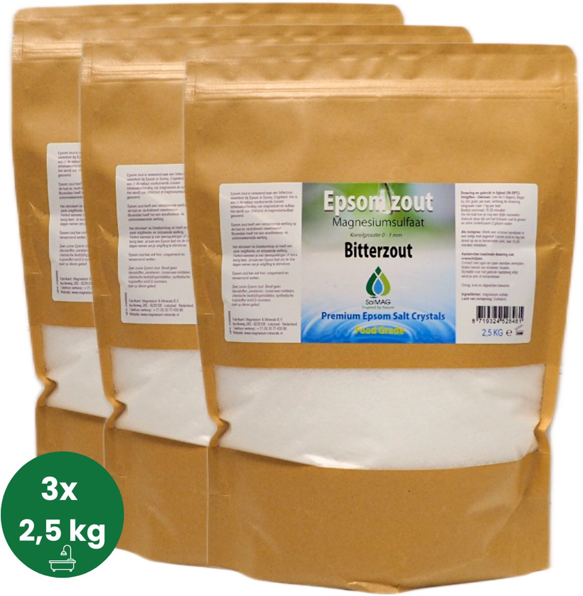 SoLMAG Epsom zout 7,5 kg (3x2,5 kg) - Bitterzout - Magnesium sulfaat - Badzout - Magnesium sulfate - Epsomzout - Epsom salt - Sal de Epsom - Epsombadzout - Voetenbad - Food Grade kwaliteit