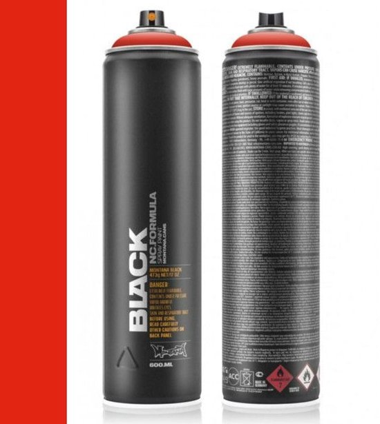 Bombe de peinture Montana BLACK 600ml Power Red avec bouchon rouge.