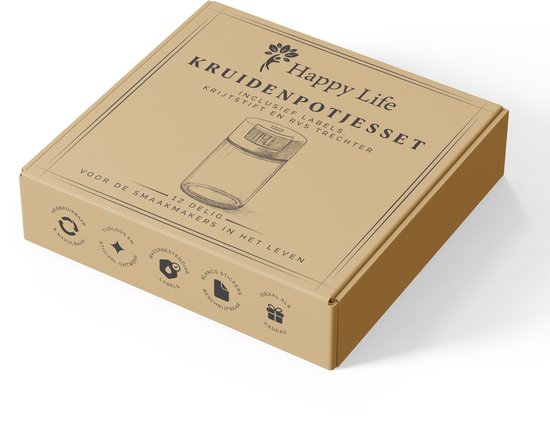 Gesloten kartonnen doos van een kruidenpotjes set met de tekst 'Happy Life Kruidenpotjeset'.