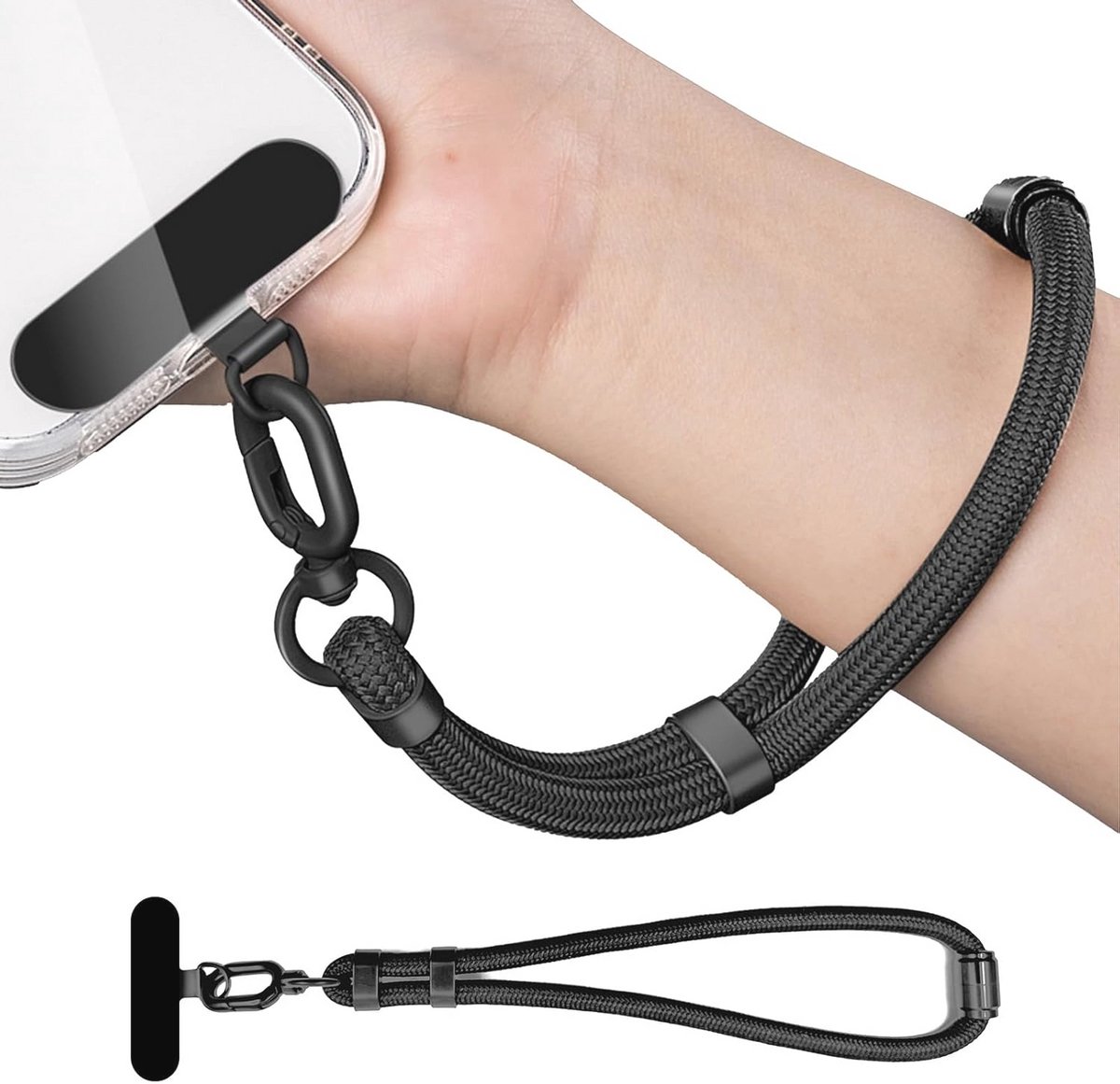 Verstelbare Telefoonketting - Korte Anti-Verliesband voor Smartphones - Ultradun Zwart Koord met Polsband
