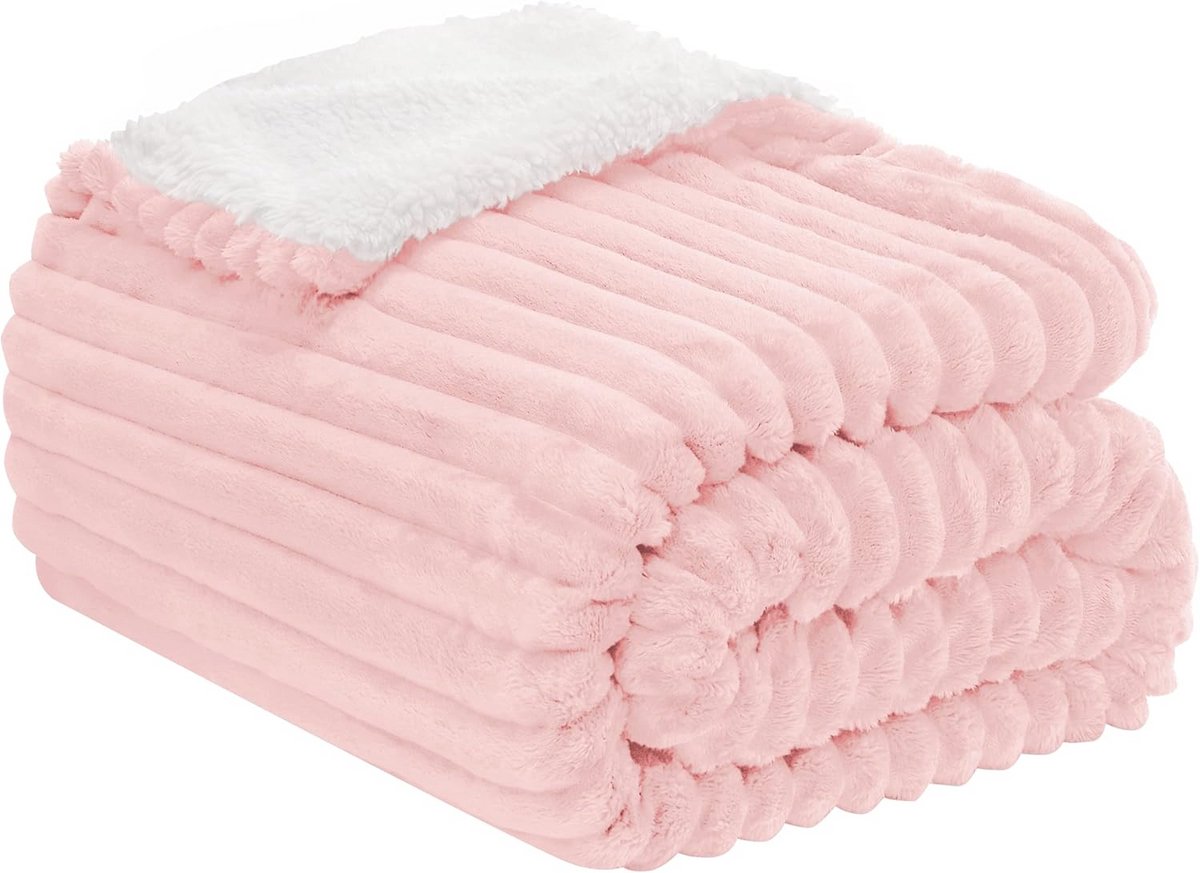 Gestreepte Flanellen Fleece Sherpa Deken - Twin Size - Roze