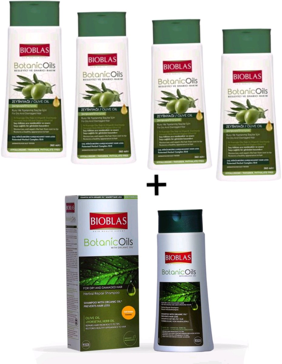 Bioblas Botanic Oils Olive Oil Shampoo voordeelpak (4x 360 ml) + 1 x Bioblas Botanic Oils Shampoo voor fijne zwakke en beschadig / droogd haar (360ml) - Herbal Shampoo - Bio Shampoo - Anti haaruitval - haarverzorging - Anti-haaruival - Dunne haar