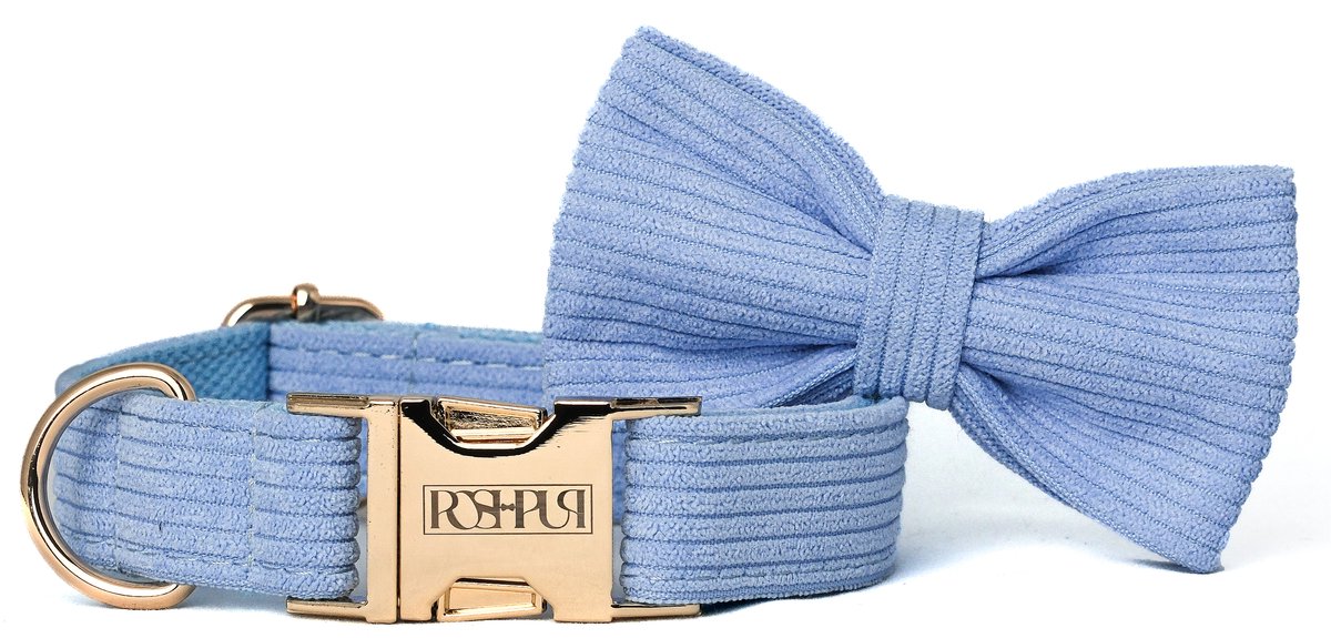 POSHPUP® - Corduroy Hondenhalsband met Strik - Baby Blauw - Maat L - Roestbestendige metalen kliksluiting - Voor Kleine en Grote Honden