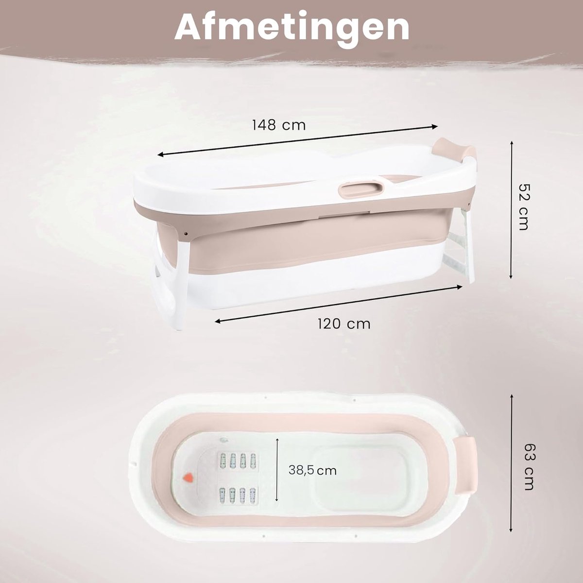 Opvouwbare Badkuip XL voor Volwassenen – Industrial Home® ComfortRelax 148x63x52 cm – Draagbaar Mobiel Ligbad met Deksel, Badkussen, Massage-Rollers, LED-Licht, Opbergtas & Afvoerslang – Inklapbaar Bad voor Douche & Buiten – Zandkleur