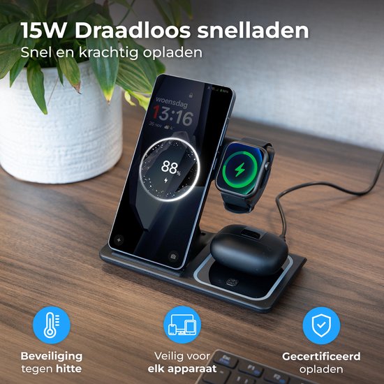 Nuvance Draadloze Oplader - 3 in 1 - 15W - Oplaadstation - Snellader - Wireless Charger - Geschikt voor Apple Smartwatch & Oortjes