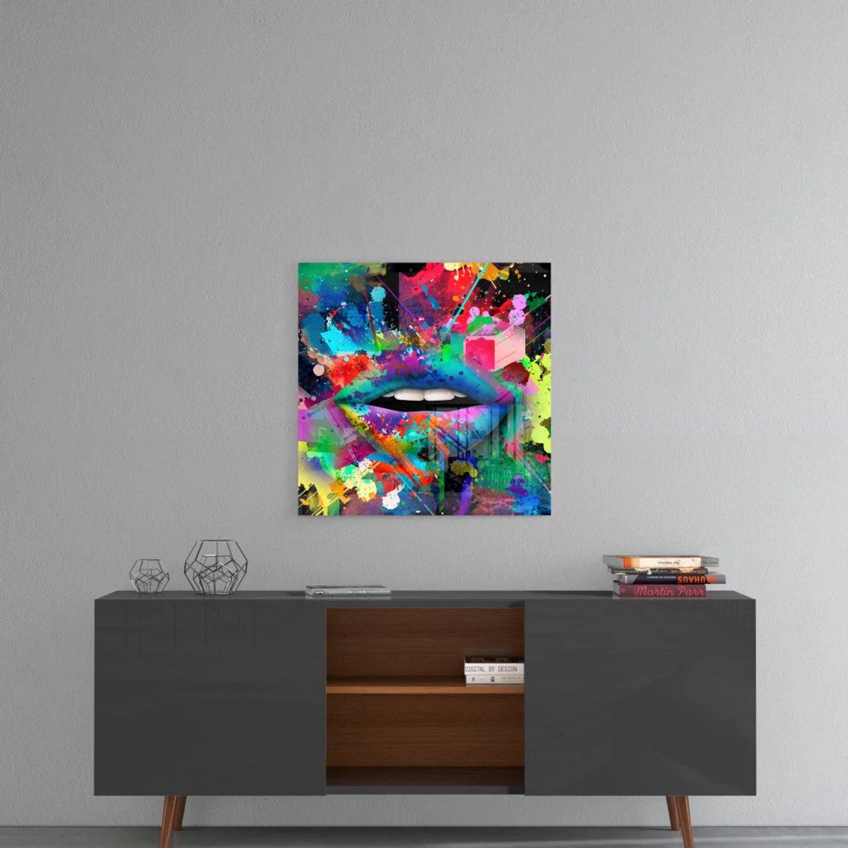 Vierkant Glasschilderij - Kleurrijke Wanddecoratie - Lippen - 50x50 cm