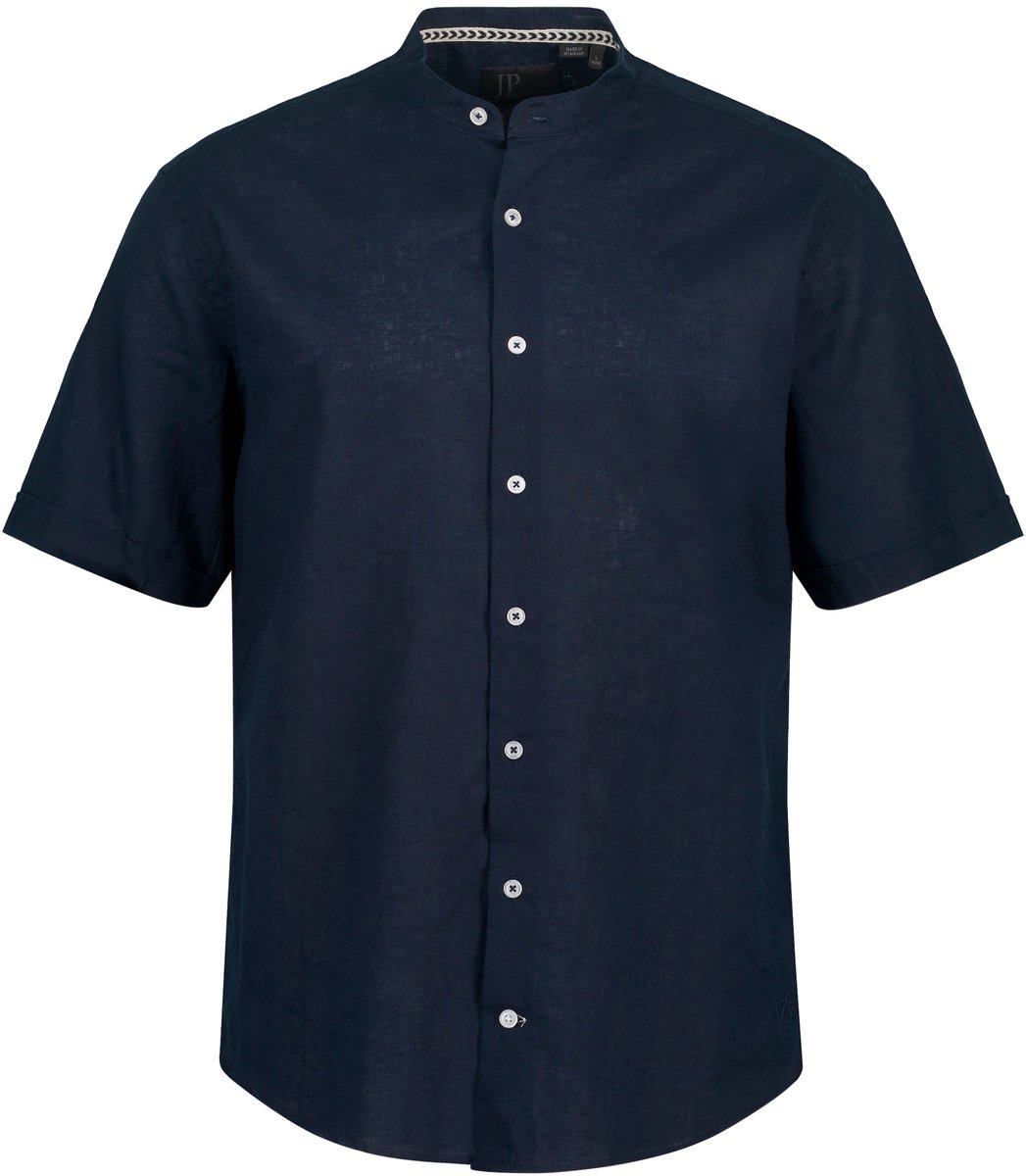 JP 1880 - Heren - Overhemd halflange mouwen linnenmix opstaande kraag modern fit - Navy blauw - Maat L