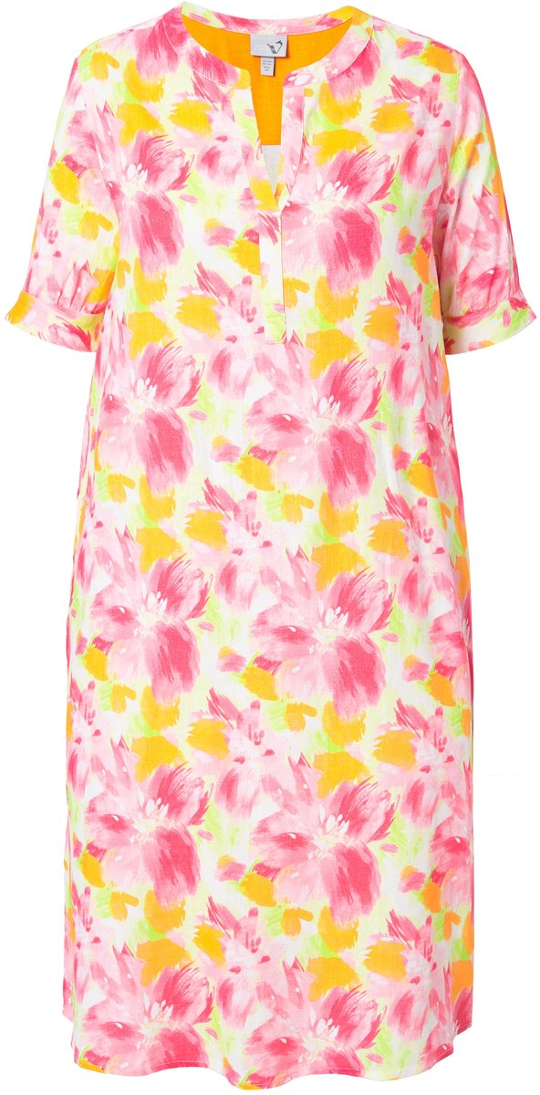 Ulla Popken Dames - Tuniekjurk linnenmix bloemen opstaande kraag halve mouwen - Sneeuwwit - Maat 54+