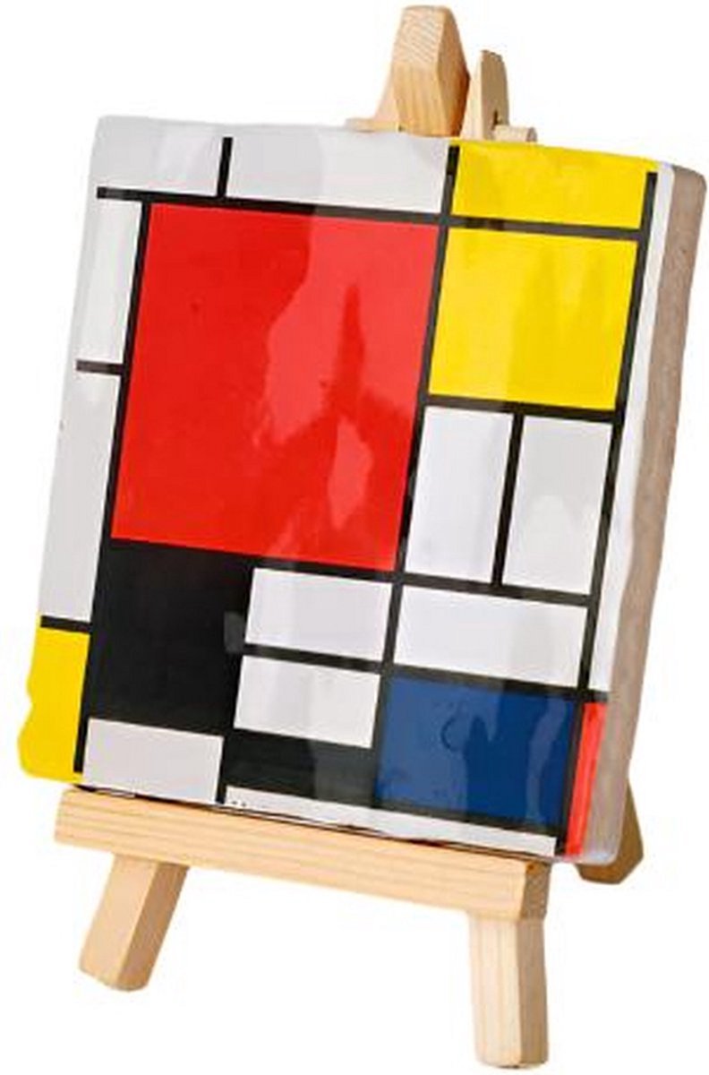 Kunsttegeltje.nl - Mini Schilderij tegeltje Mondriaan - Compositie met rood, blauw en geel - Kunst Schilderijtje met houten ezeltje - 10x14cm